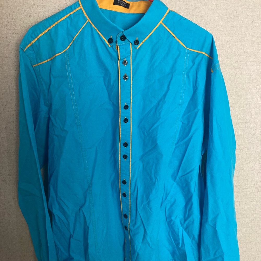 Casual Blue Button Down long sleeve Shirt with Contrast yellow Stitching mens XL